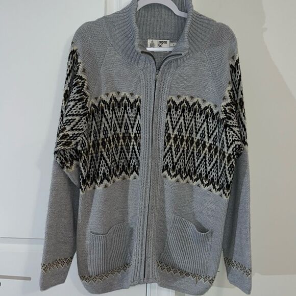 London Fog vintage zip front gray woven Geometric L sweater 80's 90"s pockets - Picture 1 of 4